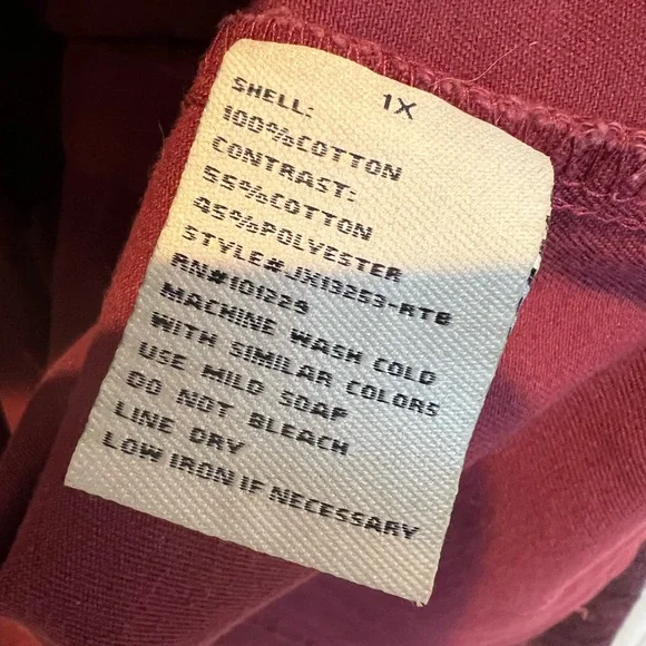 Burgundy Utility Jacket- Denim Bodice, Sweatshirt Sleeves& Hood, Snaps &Pockets - Picture 9 of 10